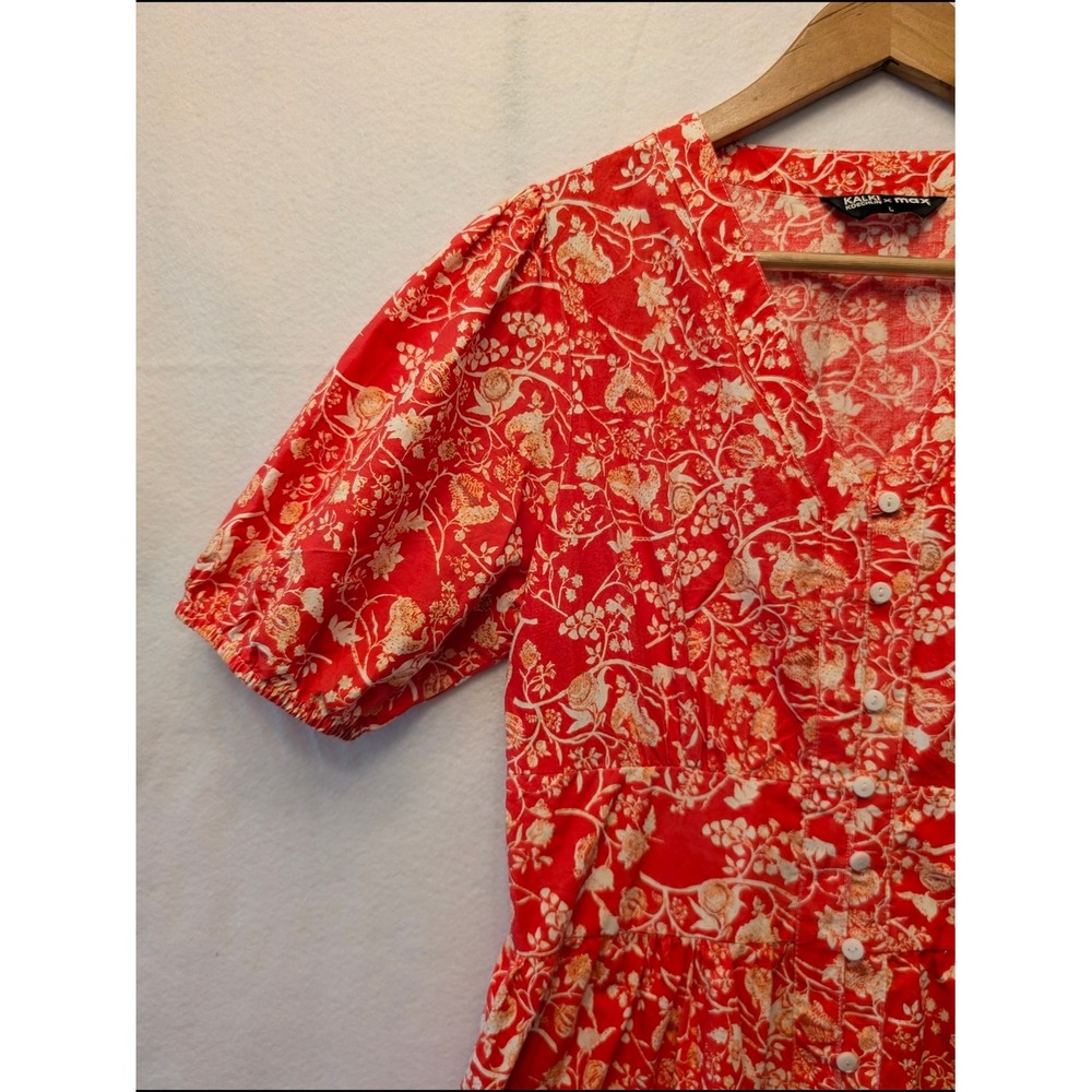Kalki Koechlin x Max Midi Dress Womens L Red Floral Boho Puff Sleeve Excellent - Picture 4 of 14